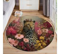 JEDTAKCT Large Round Rugs 120 Cm, Luxe Cheetah Area Rug For Living Room Fantasy Flowers Animals Pattern Floor Mat Rugs Non Slip, Washable Magenta Circle Rug For Kids Room Bedroom Entryway