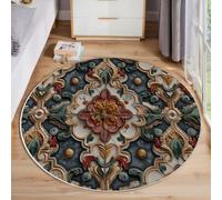 JEDTAKCT Large Round Rugs 80 Cm, 3D Flower Geometry Area Rug For Living Room Medieval Aesthetics Pattern Floor Mat Rugs Non Slip, Washable Red And Green Circle Rug For Kids Room Bedroom Entryway