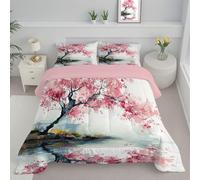 JEDTAKCT Light Pink Single Duvet, Watercolor Cherry Blossoms Quilt Ideal For Summer Autumn, Reversible Coverless Duvet With Lake Landscape, Lightweight Soft Comforter, 140X200Cm, Machine Washable