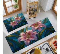 JEDTAKCT Lilies Glass Window Kitchen Rugs Set Of 2 Non Slip Kitchen Mats For Floor Washable Comfort Standing Mats For Office Home, Blue-Green Medieval Plants Hallway Decor, 16"X24"+16"X47"