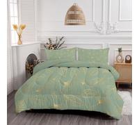 JEDTAKCT Luxurious Lines Leaves Coverless Single Soft Duvet Set 2-Pieces | Elegant Gold Leaf Plants Reversible 7.5 Tog Comforter Set With 1 Shams, Sage Green Breathable Bedding For All Seasons