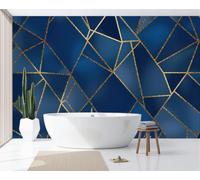 JEDTAKCT Luxury Patchwork Marble Wallpaper - Modern Geometric Lines Wall Mural 400X280Cm (W X H), Dark Blue Premium Non-Woven Photo Wallpaper Mural for Bedroom, Living Room, Hallway, Home Decor