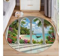 JEDTAKCT Mediterranean Landscape Low Pile Circle Rug Living Room 160 Cm