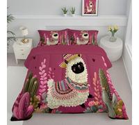 JEDTAKCT Mexican Alpaca Single Duvet, Reversible Coverless Duvet 4.5 Tog For All Season, Cute Animals Printed Throws Machine Washable Soft Comforter With Pillowcases, Rose Red