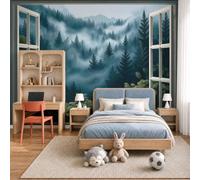 JEDTAKCT Misty Forest Mountains Wallpaper, Bedroom Non-Woven Wall Paper for Living Room, Tranquil Window View Wall Mural, Dark Green Custom Size Photo Wallpaper, Modern Home Decor, 200X140Cm