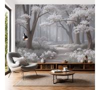 JEDTAKCT Misty Forest Path Non-Woven Wallpaper - Grey Dreamy Flower Tree Landscape Wall Mural for Bedroom, Living Room Background Decoration, 3D Photo Wall Paper Poster Picture 350X256Cm (Wxh)