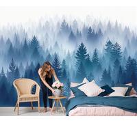 JEDTAKCT Misty Pine Forest Landscape Mural Wallpaper, Natural Plants Wallpaper for Bedroom, Living Room, Tv Backdrop, Office, Blue 3D Large Wall Mural Wall Paper Decor Poster 450X315Cm (Wxh)