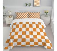 JEDTAKCT Modern Checkerboard Double Coverless Duvet - Simple Geometric Coverless Quilt Comforter With Matching Pillowcase Reversible Design - Machine Washable - Orange And White - 200X200Cm