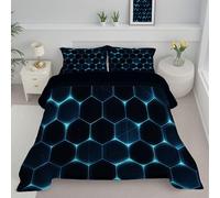 JEDTAKCT Modern Honeycomb Super King Duvet, Reversible Coverless Duvet 4.5 Tog For All Season, Fashionable Geometric Printed Throws Machine Washable Soft Comforter With Pillowcases, Blue Black
