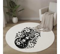 JEDTAKCT Modern Round Area Rug 100 Cm - Soft Washable Non-Slip Circular Carpet With Beige Black Simple Guitar Flowers Pattern, Modern Poster For Living Room Bedroom Kids Room Home Décor
