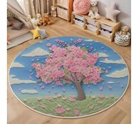 JEDTAKCT Modern Round Area Rug 100 Cm - Soft Washable Non-Slip Circular Carpet With Blue Pink 3D Cartoon Cherry Blossom Tree Pattern, Natural Landscape For Living Room Bedroom Kids Room Home Décor