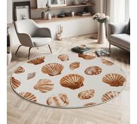 JEDTAKCT Modern Round Area Rug 120 Cm - Soft Washable Non-Slip Circular Carpet With Beige Hand-Painted Seashells And Conches Pattern, Retro Ocean Theme For Living Room Bedroom Kids Room Home Décor