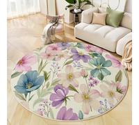 JEDTAKCT Modern Round Area Rug 120 Cm - Soft Washable Non-Slip Circular Carpet With Cream Color Rustic Watercolor Flowers Pattern, Vintage Plants For Living Room Bedroom Kids Room Home Décor