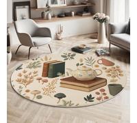 JEDTAKCT Modern Round Area Rug 120 Cm - Soft Washable Non-Slip Circular Carpet With Cream Color Vintage Teapot Books Pattern, Country-Style Illustration For Living Room Bedroom Kids Room Home Décor