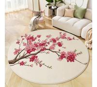 JEDTAKCT Modern Round Area Rug 160 Cm - Soft Washable Non-Slip Circular Carpet With Beige Pink Chinese Plum Blossoms Branches Pattern, Ink Painting Art For Living Room Bedroom Kids Room Home Décor