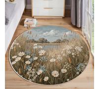 JEDTAKCT Modern Round Area Rug 160 Cm - Soft Washable Non-Slip Circular Carpet With Brown Wildflower Meadow Lake Pattern, Natural Landscape For Living Room Bedroom Kids Room Home Décor