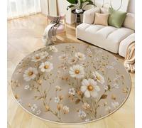 JEDTAKCT Modern Round Area Rug 160 Cm - Soft Washable Non-Slip Circular Carpet With Cream Color Elegant Daisy Blossoms Pattern, Natural Plant For Living Room Bedroom Kids Room Home Décor