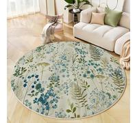 JEDTAKCT Modern Round Area Rug 160 Cm - Soft Washable Non-Slip Circular Carpet With Sage Green Hand-Painted Wildflowers And Leaves Pattern, Natural Plants For Living Room Bedroom Kids Room Home Décor