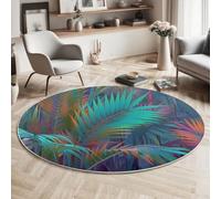 JEDTAKCT Modern Round Area Rug 180 Cm - Soft Washable Non-Slip Circular Carpet With Turquoise Abstract Palm Leaf Pattern, Tropical Jungle For Living Room Bedroom Kids Room Home Décor