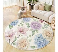 JEDTAKCT Modern Round Area Rug 60 Cm - Soft Washable Non-Slip Circular Carpet With Cream Color Watercolor Magnolia Hydrangea Pattern, Natural Plants For Living Room Bedroom Kids Room Home Décor