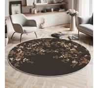 JEDTAKCT Modern Round Area Rug 80 Cm - Soft Washable Non-Slip Circular Carpet With Black Gold Traditional Flowers Branches Pattern, Chinese Plants For Living Room Bedroom Kids Room Home Décor