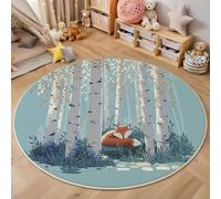 JEDTAKCT Modern Round Area Rug 80 Cm - Soft Washable Non-Slip Circular Carpet With Dark Blue Natural Fox Birch Forest Pattern, Cartoon Animal For Living Room Bedroom Kids Room Home Décor