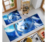 JEDTAKCT Moon White Wolf Kitchen Floor Mats, 2 Pcs Stain-Resistant Set, Absorbent Quick Drying, Non-Slip Kitchen Carpets Rugs, Fantasy Dream Catcher Runners Mat (Royal Blue, 44X75Cm+44X120Cm)