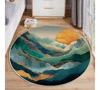 JEDTAKCT Mountain Landscape Round Rugs Ø60 Cm Living Room Non Slip Round Area Rug Short Pile Abstract Ink Painting Bedroom Circle Carpet Washable Soft Floor Mat Rugs For Kids Room Decor, Blue Green