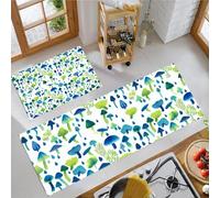 JEDTAKCT Mushroom Forest Kitchen Floor Mats, 2 Pcs Stain-Resistant Set, Absorbent Quick Drying, Non-Slip Kitchen Carpets Rugs, Watercolor Plants Runners Mat (Teal, 43X75Cm+43X150Cm)