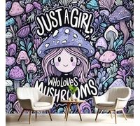 JEDTAKCT Mushroom Girl Wall Murals Cartoon Illustration 3D Wall Mural Violet Large Photo Wallpaper Hd Printing Print for Living Room Bedroom Hallway Stairway Home Decoration, 400X280Cm