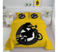 JEDTAKCT Mustard Yellow King Duvet Punk Motorcycle Reversible Coverless Duvet All Seasons Quilt With Simple Geometric Printed, Lightweight Soft Comforter Set With Pillowcase, Washable