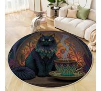 JEDTAKCT Mysterious Black Cat Round Area Rugs 120 Cm, Soft Circle Rug Low Pile Washable Round Carpet, Medieval Aesthetics Rug Non Slip Deep Purple Circle Carpets For Bedroom Girls Room Playroom