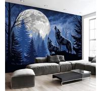 JEDTAKCT Mysterious Forest Wolf Wallpaper, Full Moon Animal Mural Wallpaper for Living Room, Retro Bedroom Wall Paper, Not Self Adhesive Indigo 3D Large Wall Mural Home Decor Poster, 350X256Cm