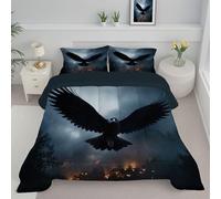 JEDTAKCT Mystical Raven Single Duvet Reversible Coverless Duvet, Soft All Seasons Comforter Charcoal Gray Machine Washable Microfiber Quilt With Pillowcases, 140X200Cm Halloween Forest