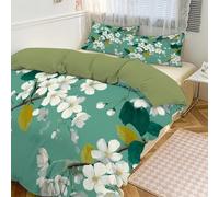 JEDTAKCT Natural Cherry Blossoms King Duvet Set Mint Green Reversible Easy Care Microfiber 3 Piece Bedding, Elegant Plants Quilt Cover And Pillow Cases, Soft Breathable Washable Quilt Cover