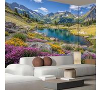 JEDTAKCT Natural Flowers Lakes Wallpaper Mural Spring Mountains Photo Wallpaper Nature 3D Wall Mural 400X280Cm Blue-Green Art Print Decoration Poster Picture for Living Room Bedroom Tv Backdrop