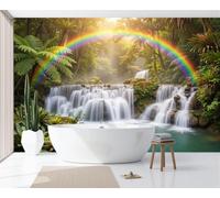JEDTAKCT Natural Waterfall Landscape Wallpaper - Sunshine Rainbow Forest Wall Mural 300X210Cm (W X H), Green Premium Non-Woven Photo Wallpaper Mural for Bedroom, Living Room, Hallway, Home Decor