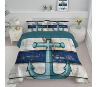 JEDTAKCT Nautical Anchor King Duvet Reversible Coverless Duvet, Soft All Seasons Comforter Navy Blue Machine Washable Microfiber Quilt With Pillowcases, 240X220Cm Vintage Wood Grain