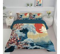 JEDTAKCT Navy Blue Double Duvet, Ukiyo-E Waves Quilt Ideal For Summer Autumn, Reversible Coverless Duvet With Japanese Cherry Blossoms, Lightweight Soft Comforter, 200X200Cm, Machine Washable