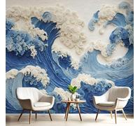 JEDTAKCT Navy Blue Photo Wallpaper 3D Wave Relief 138"X101" 350X256Cm (W X H), Ukiyo-E Aesthetics Wall Art Wallpaper Mural Modern Design Living Room Bedroom Hallway Murals Wall Decoration