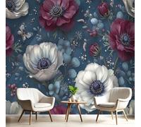 JEDTAKCT Navy Blue Photo Wallpaper Luxurious Poppies Butterflies 98"X 69" 250X175Cm (W X H), Baroque Plants Wall Art Wallpaper Mural Modern Design Living Room Bedroom Hallway Murals Wall Decoration