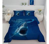 JEDTAKCT Navy Blue Super King Duvet, Fierce Shark Quilt Ideal For Summer Autumn, Reversible Coverless Duvet With Ocean Animals, Lightweight Soft Comforter, 260X230Cm, Machine Washable