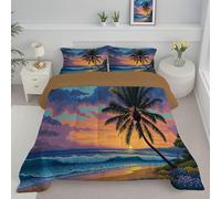 JEDTAKCT Navy Blue Super King Duvet, Quilt 4.5 Tog For Summer Autumn, Reversible Coverless Duvet With Sunset Beach Palm Tree View, Lightweight Soft Comforter, 260X230Cm, Washable