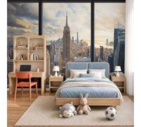 JEDTAKCT New York City Architecture Wallpaper - Modern Window View Wall Mural 200X140Cm (W X H), Beige Premium Non-Woven Photo Wallpaper Mural for Bedroom, Living Room, Hallway, Home Decor