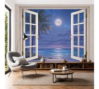 JEDTAKCT Night Sky View of The Seaside Non-Woven Wallpaper - Dark Blue Palm Trees Beach Wall Mural for Bedroom, Living Room Background Decoration, 3D Photo Wall Paper Poster Picture 250X175Cm (Wxh)