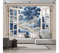 JEDTAKCT Oriental-Style Courtyard Landscape Non-Woven Wallpaper - Indigo Mountain Trails Wall Mural for Bedroom, Living Room Background Decoration, 3D Photo Wall Paper Poster Picture 400X280Cm (Wxh)