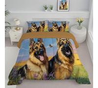 JEDTAKCT Pastoral German Shepherd Super King Coverless Duvet - Grassland Landscape Coverless Quilt Comforter With Matching Pillowcase Reversible Design - Machine Washable - Sky Blue - 260X230Cm