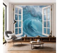 JEDTAKCT Photo Wallpaper 3D Effect 3D Fierce Ocean Wave Window View Natural Wave Foam Non-Woven Wallpaper Living Room Bedroom Cyan Blue Wall Mural Uv Resistant Ready to Install 450X315Cm