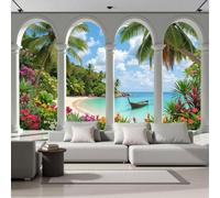 JEDTAKCT Photo Wallpaper 3D Effect Classical Colonnade Landscape Tropical Beaches Forests Non-Woven Wallpaper Living Room Bedroom Blue Wall Mural Uv Resistant Ready to Install 350X256Cm