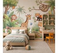 JEDTAKCT Photo Wallpaper 3D Effect Cute Animal Forest | Watercolor Giraffe Monkey Non-Woven Wallpaper Living Room Bedroom Cream Wall Mural Uv Resistant Ready to Install 250X175Cm
